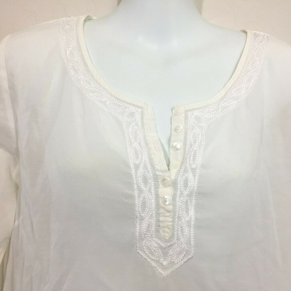 Valerie Stevens Womens White V-Neck Embroidered Cropped Sleeve Silk Blouse Large